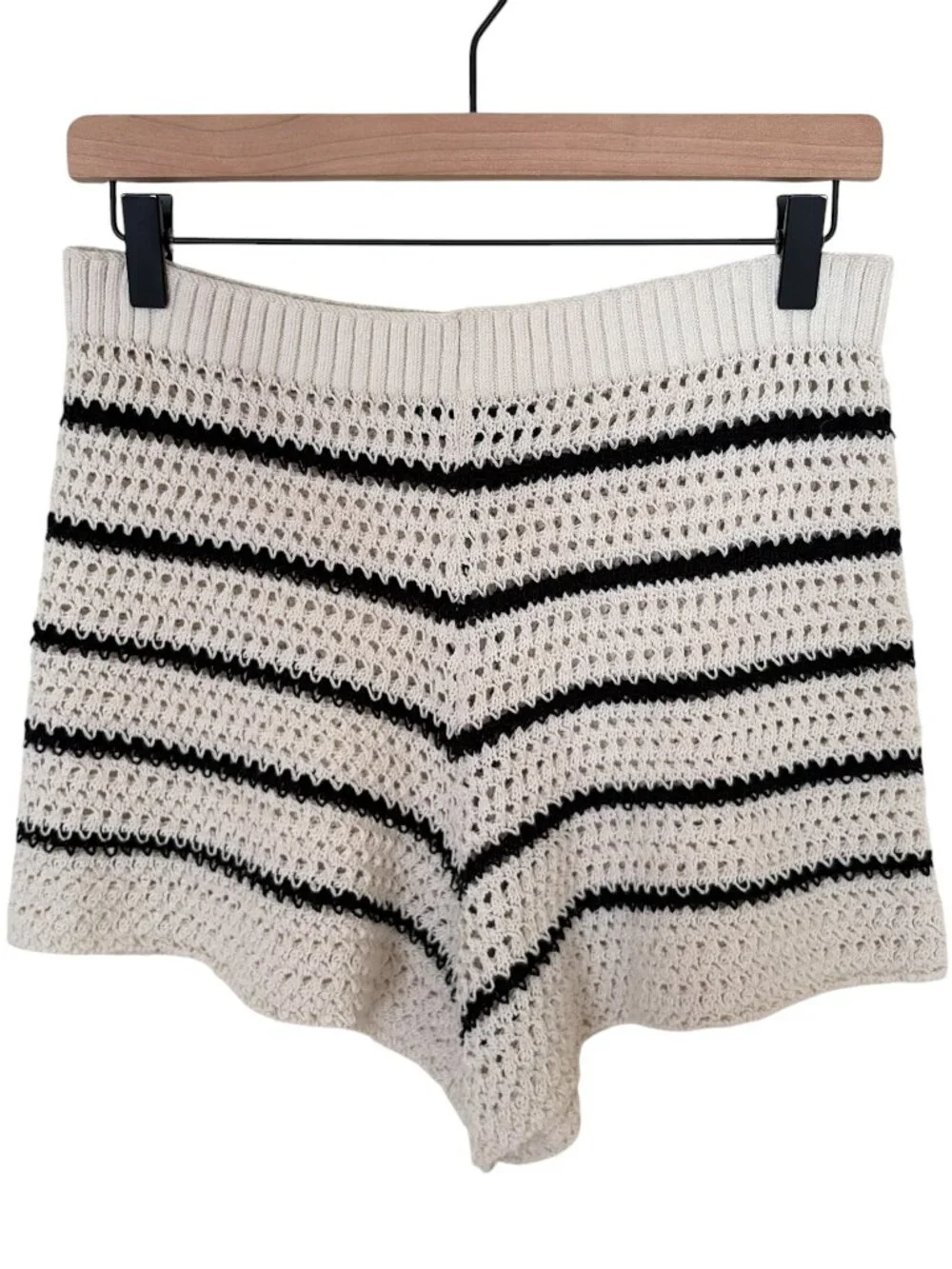 Mango MNG Cream Black Striped Crochet Open Knit Shorts